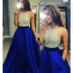 Silver/royal blue beaded gown
